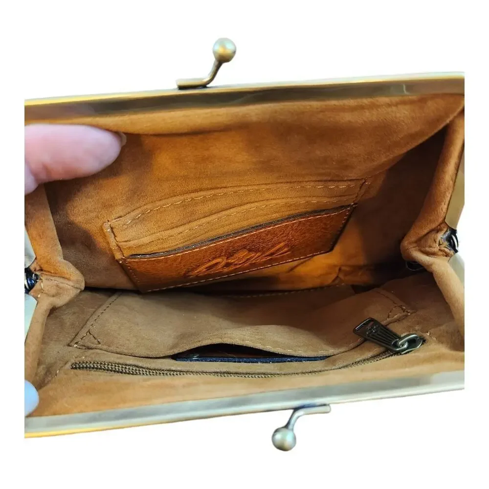 Patricia Nash Savena tooled brown leather clutch kisslock wallet missing strap